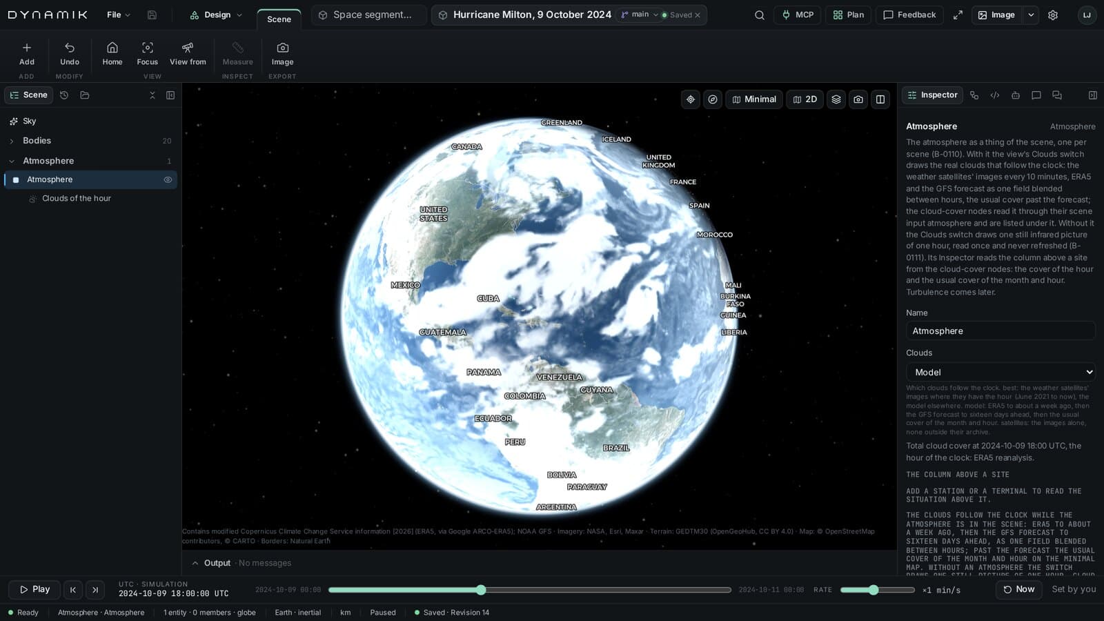 Dynamik Studio: ERA5 cloud cover over the Americas on 9 October 2024, with Hurricane Milton over the Gulf of Mexico.